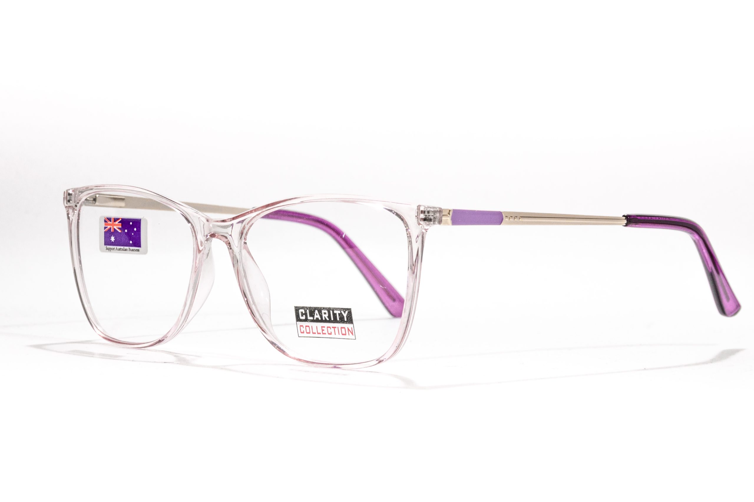 Crystal front with lilac and pewter temples