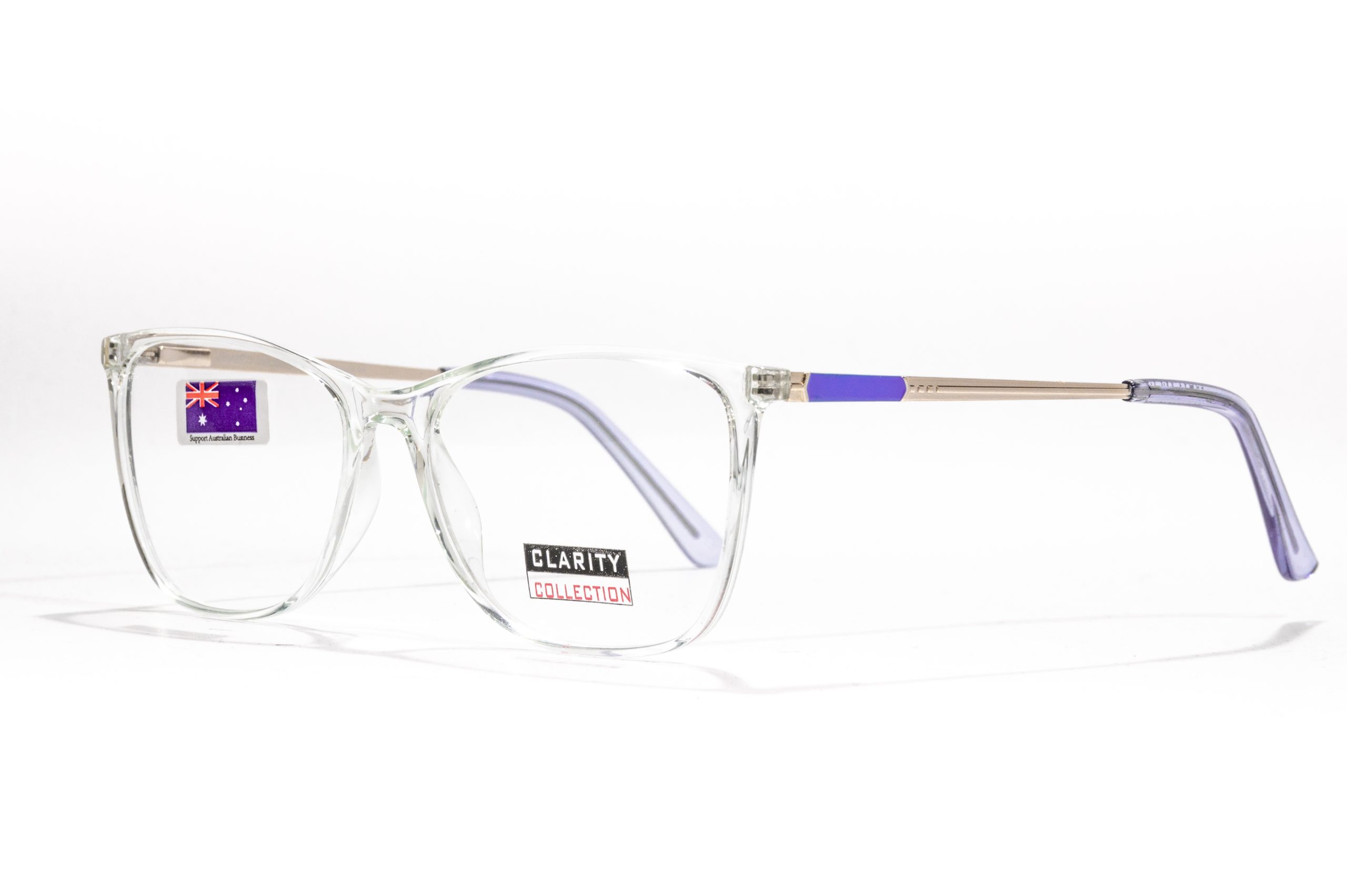Crystal front with slate blue and pewter temples